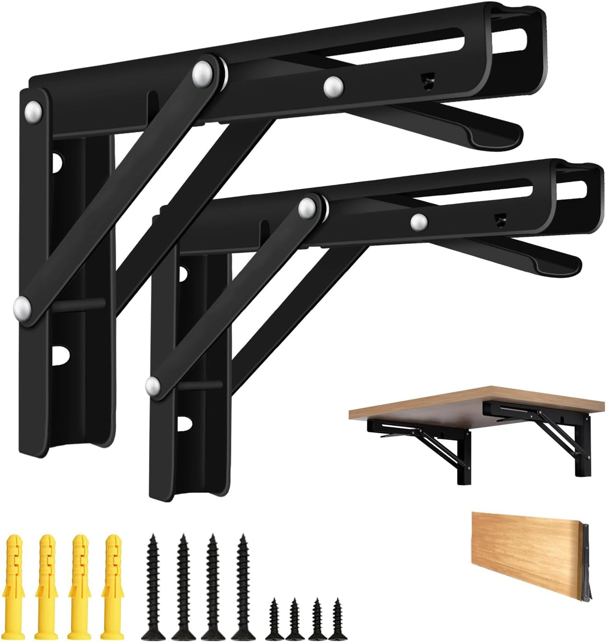 Folding Shelf Brackets, Collapsible Heavy Duty Shelf Brackets for Fold Down Desk, 12 Inch with 2 Pack, Black