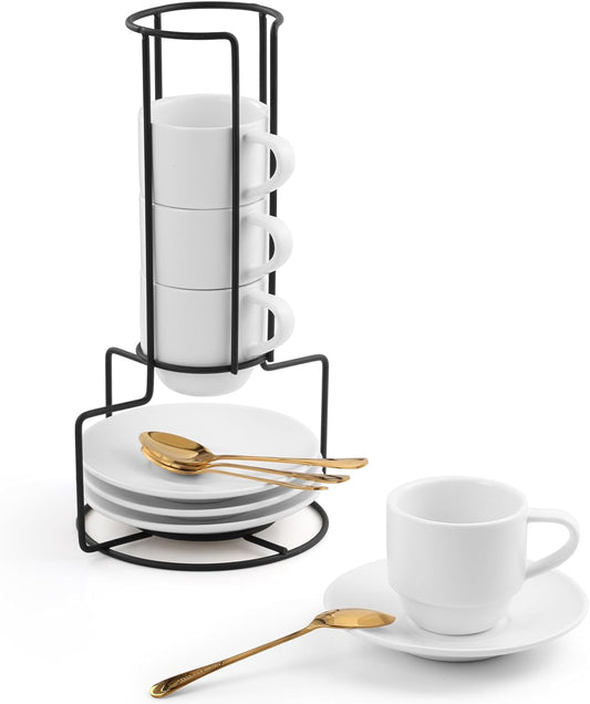 Lareina 3-Ounce Espresso Cups with Saucers, Spoons and Metal Stand, Small Stackable Coffee Cups Set of 4, Ceramic Demitasse