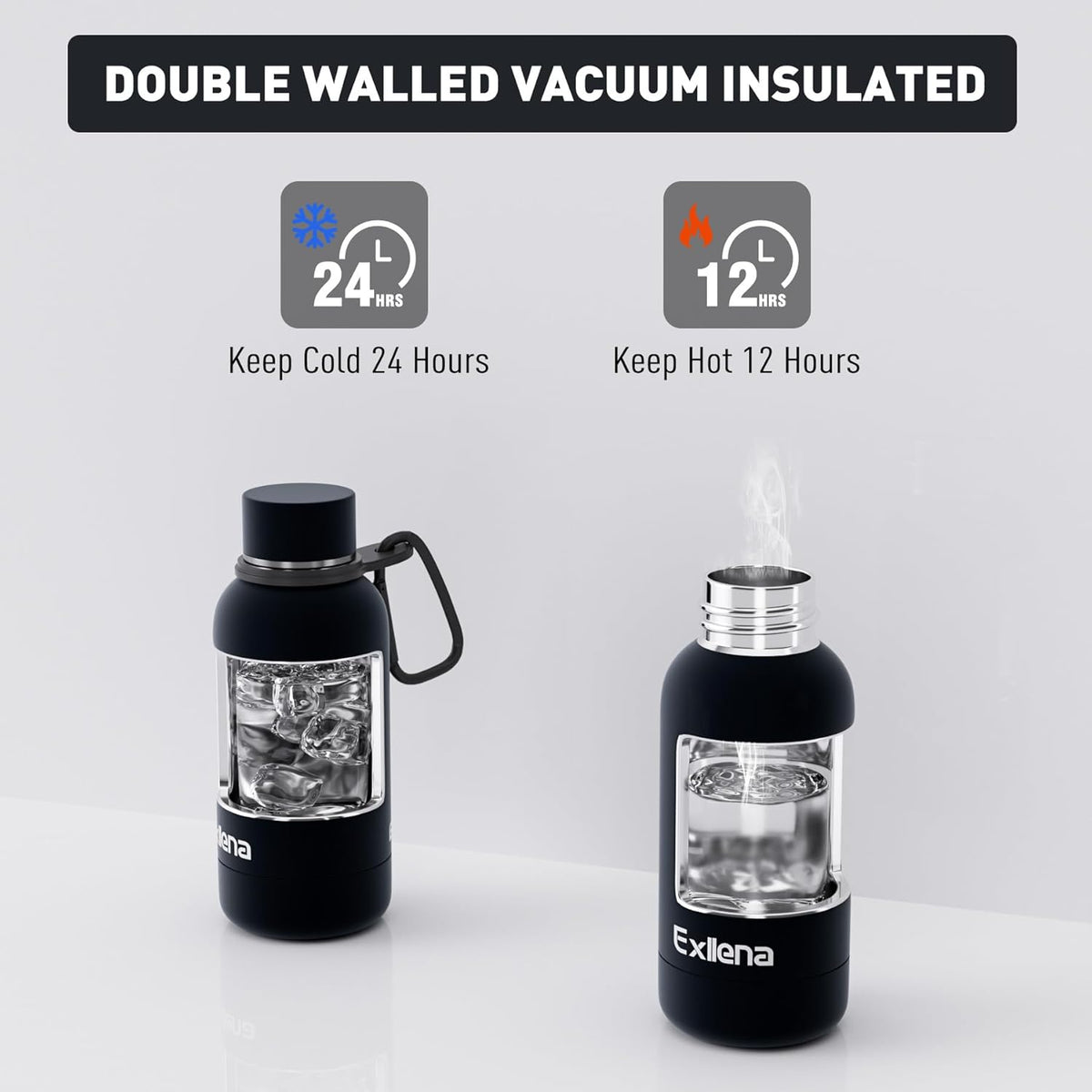 Small Water Bottle 12oz with Clip, Double Wall Stainless Steel Vacuum Small Insulated Water Bottle Keeps Drinks Cold 24 Hrs/Hot 12 Hrs for Kids Handbag School BPA Free (Black)