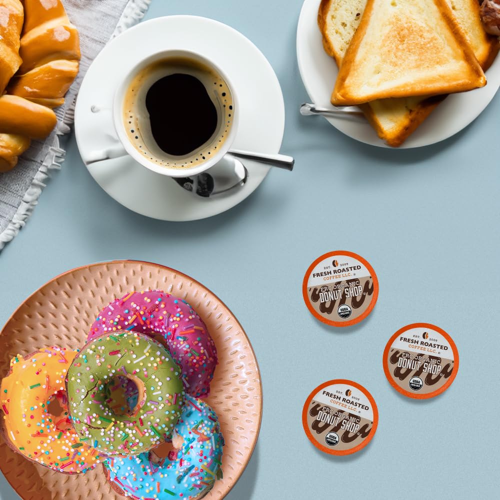Fresh Roasted Coffee, Organic Donut Shop K-Cup Pods for Keurig Brewers, Medium Roast, Kosher, 96 Count Loose Pack