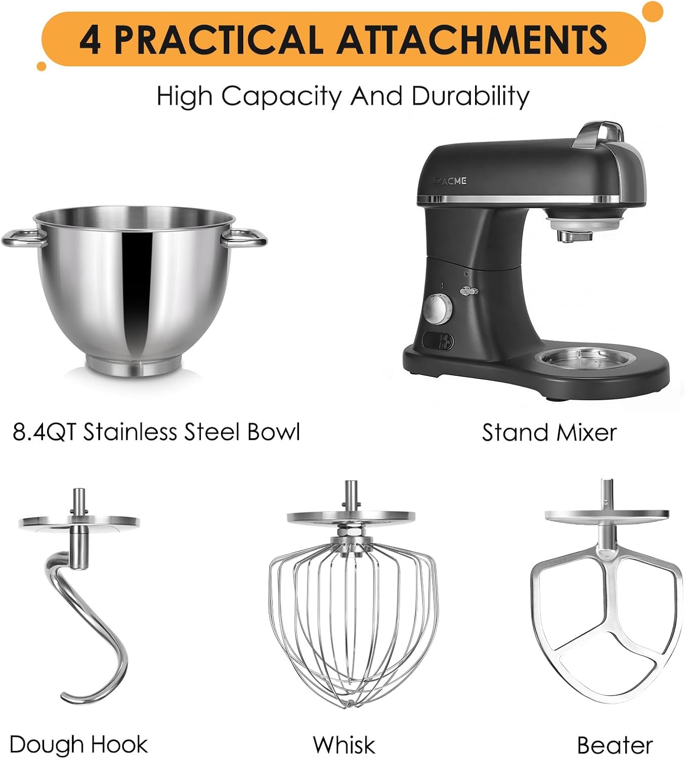 8.4QT Commercial Stand Mixer 800W with Aluminum Die Casting Meets the Standard of NSF/ANSI 8-2023, Mixers Kitchen Electric Stand Mixer with Stainless Steel 8L Bowl, Dough Hook, Whisk and Beater, Black