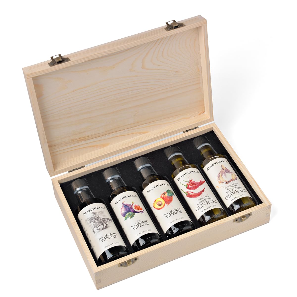 Blazing Bella Foodie Combo – Balsamic Vinegar and Olive Oil Sampler Set – White, Fig &amp; Peach Balsamic with Garlic and Smoky Jalapeño Olive Oils – Modena, Italy &amp; California – 100ml Bottles