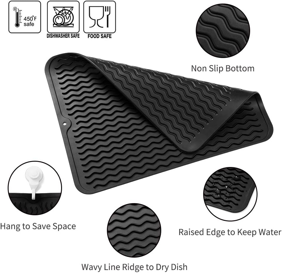 Silicone Dish Drying Mat for Multiple Usage,Easy clean,Eco-friendly,Heat-resistant Silicone Mat for Kitchen Counter or Sink,Refrigerator or drawer liner Black L 16 inches x 12 inches