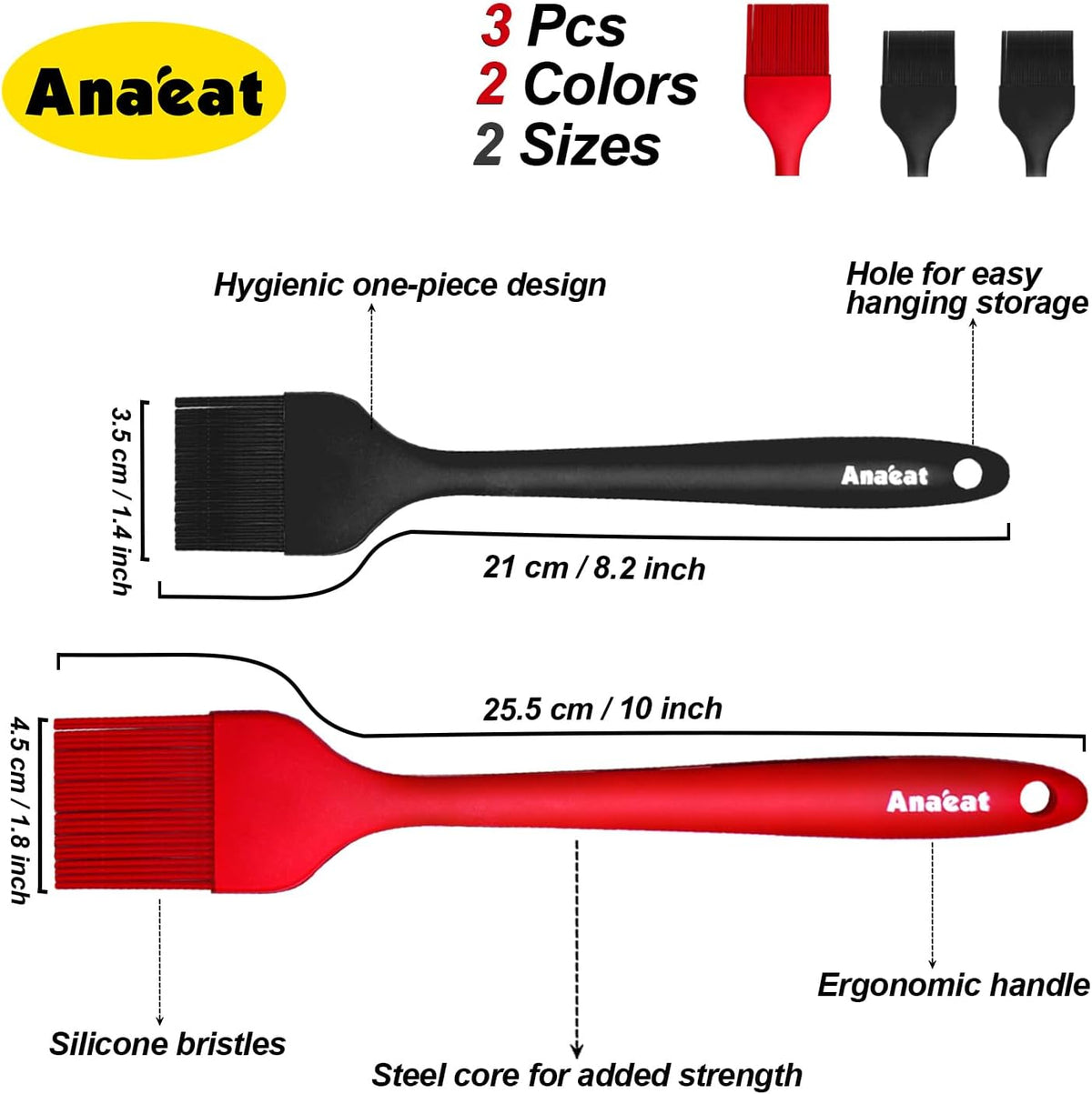 Anaeat High Heat Resistant Silicone Basting Pastry Brush Set of 3- Hygienic One-Pieces Design Spread Oil Butter for BBQ Grill Barbecue Baking Kitchen Cooking - BPA Free &amp; Dishwasher Safe (10"+8.2")