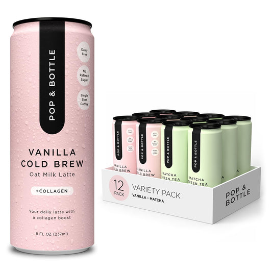Pop &amp; Bottle Oat Milk Lattes, Vanilla &amp; Matcha, 8 Fl Oz, 12 Pack