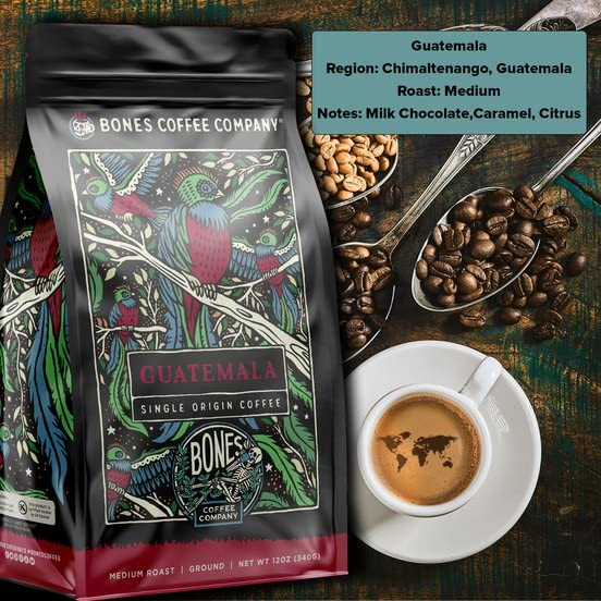 Bones Coffee Company Guatemala Single-Origin, Milk Chocolate, Citrus and Caramel Notes, Ground Coffee Beans, Low Acid Medium Roast Arabica Beans Flavored Coffee, 12 oz Ground