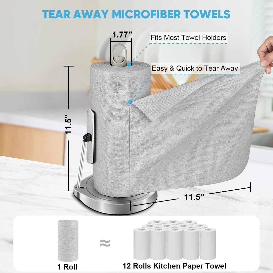 AIDEA Microfiber Cleaning Cloth Roll, Grey 75PK, Reusable Paper Towels Tear Away Cloth, Microfiber Towels for Cars, Wash Cloths, Lint Free Rags for House, Kitchen,Window,Cleaning Supplies 11.5"×11.5"