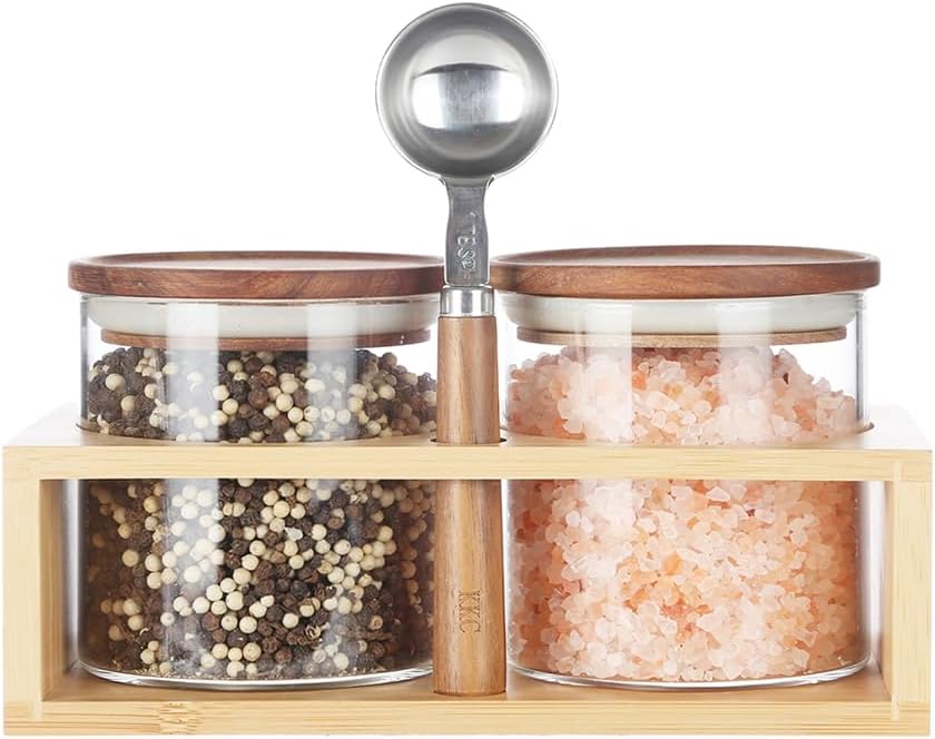 KKC HOME ACCENTS 18 oz Glass Seasoning Jars with Wood Lids, 2 Pack | Two wide-mouth glass jars, wood lids, bamboo holder and 1 tbsp scoop for kosher salt, spices and everyday seasoning.
