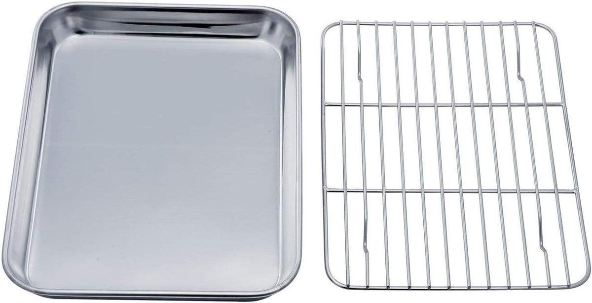TeamFar Toaster Oven Tray and Rack Set, 9.3" x 7" x 1" Toaster Oven Pan | Stainless Steel Toaster Oven Pan Broiler Pan with Wire Rack for Cooking, Non Toxic &amp; Healthy, Easy Clean &amp; Dishwasher Safe