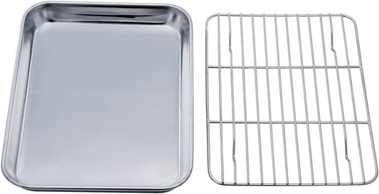 TeamFar Toaster Oven Tray and Rack Set, 9.3" x 7" x 1" Toaster Oven Pan | Stainless Steel Toaster Oven Pan Broiler Pan with Wire Rack for Cooking, Non Toxic &amp; Healthy, Easy Clean &amp; Dishwasher Safe