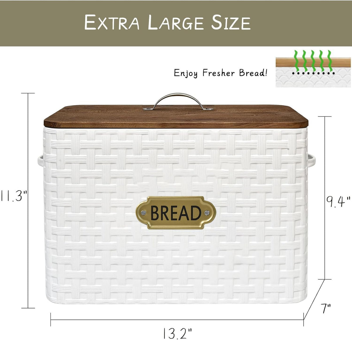 Extra Large Space Saving Farmhouse Bread Box With Wood Lid - Vertical Breadbox Bread Storage Bin Holder for Kitchen Countertop, White
