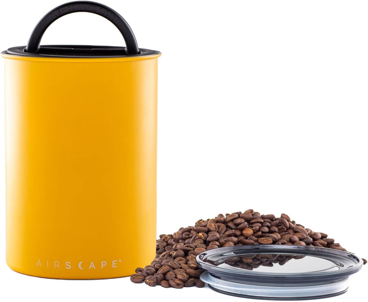 Planetary Design Airscape Stainless Steel Coffee Canister | Food Storage Container | US Patented Airtight Lid | Push Out Excess Air Preserve Food Freshness (Medium, Matte Yellow)