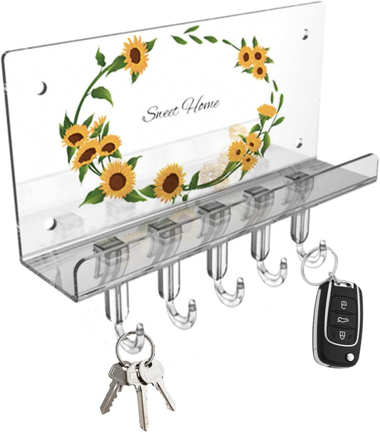 Sunflower Key Holder Wall Mount, Transparent Acrylic Wall Mail Key Organizer Shelf with 5 Hooks Tray for Keys, Mail, Bags