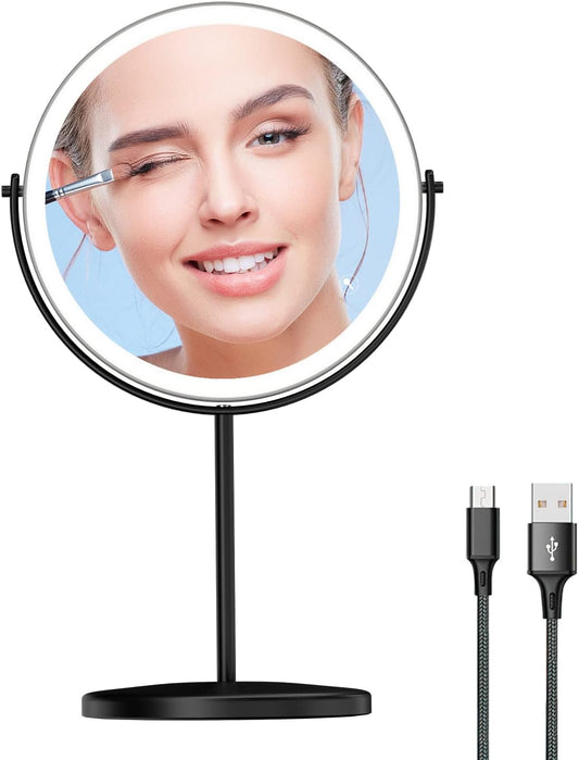 8” Lighted Makeup Mirror, 1X 10X Magnifying Mirror with Light, Double Sided Vanity Mirror with Lights, 3 Color LED Dimmable