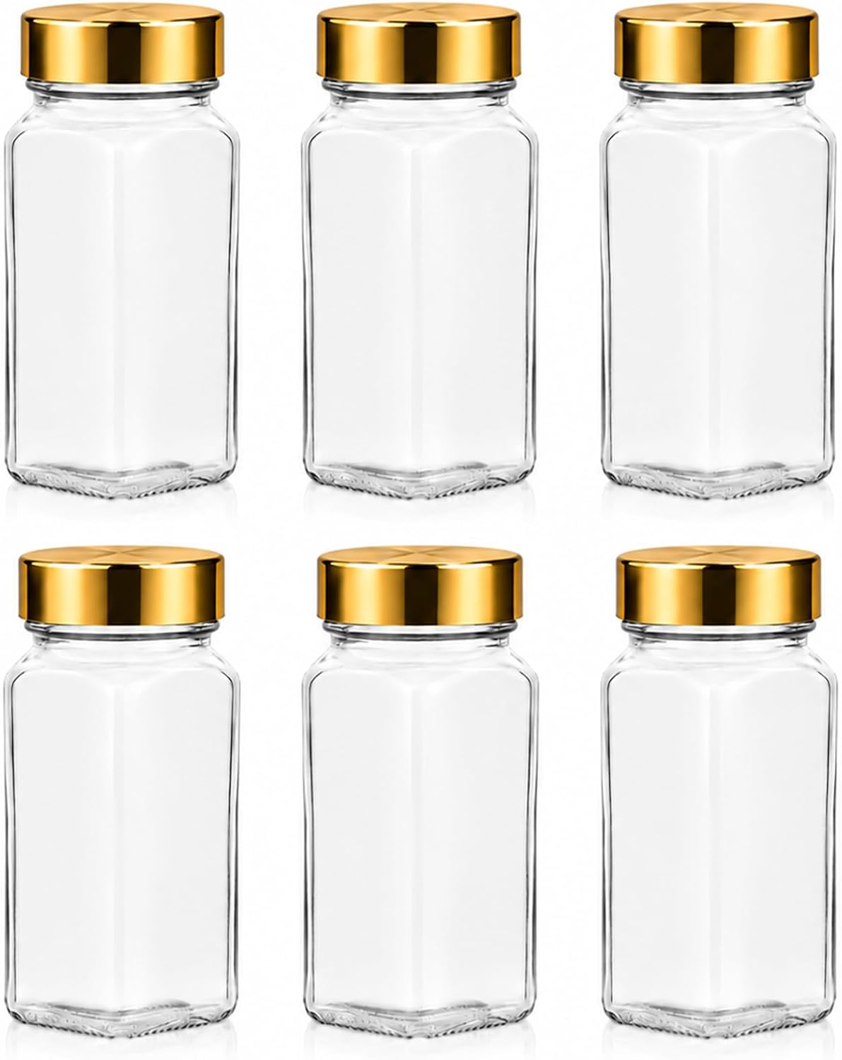 6pcs Gold Spice Jars, 4 oz Glass Seasoning Bottles, Spices Container, Empty Spice Jars, Square Spice Bottles with Airtight Plastic Caps with Shaker Lids