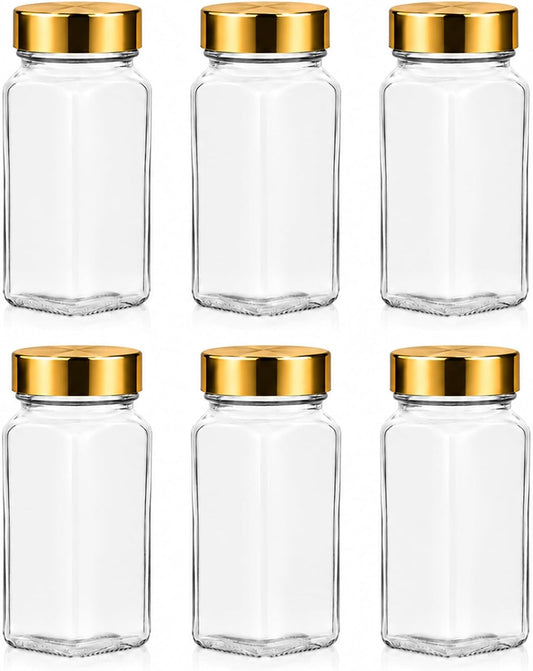 6pcs Gold Spice Jars, 4 oz Glass Seasoning Bottles, Spices Container, Empty Spice Jars, Square Spice Bottles with Airtight Plastic Caps with Shaker Lids