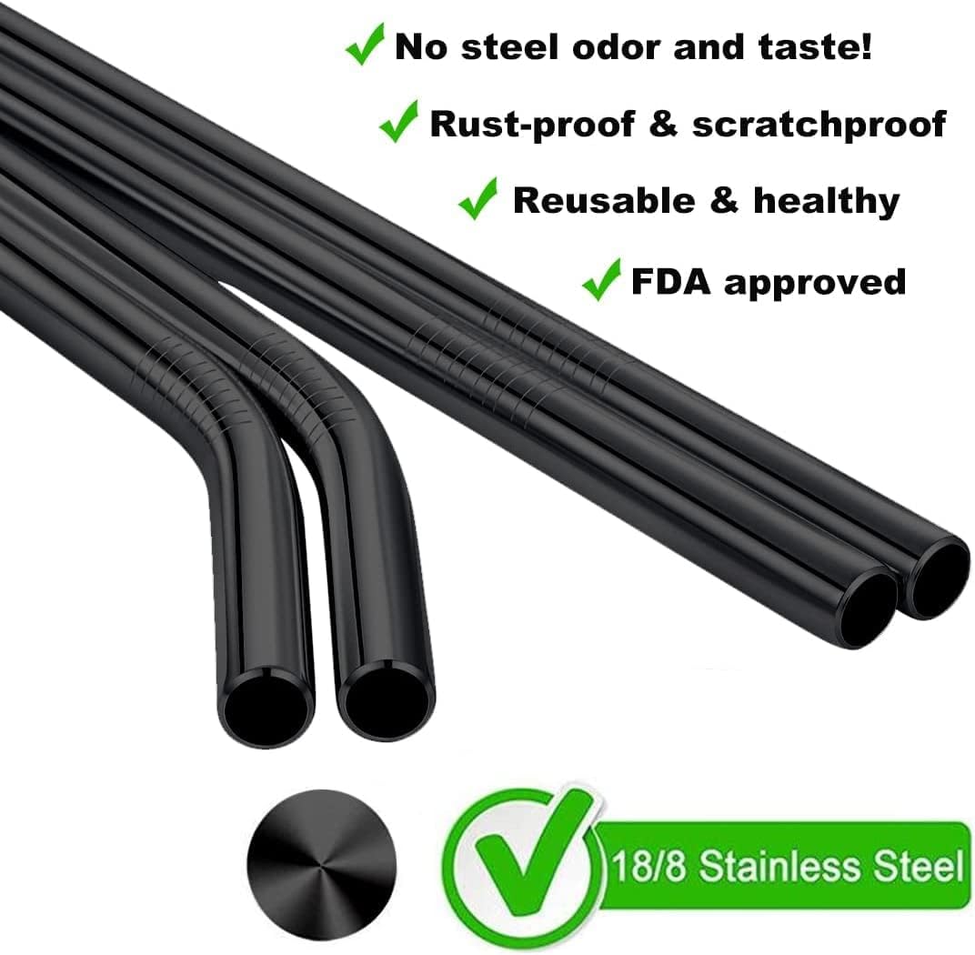 Vinaco 6 Pack Black 0.4" Wide Bore Reusable Stainless Steel Smoothie Straws