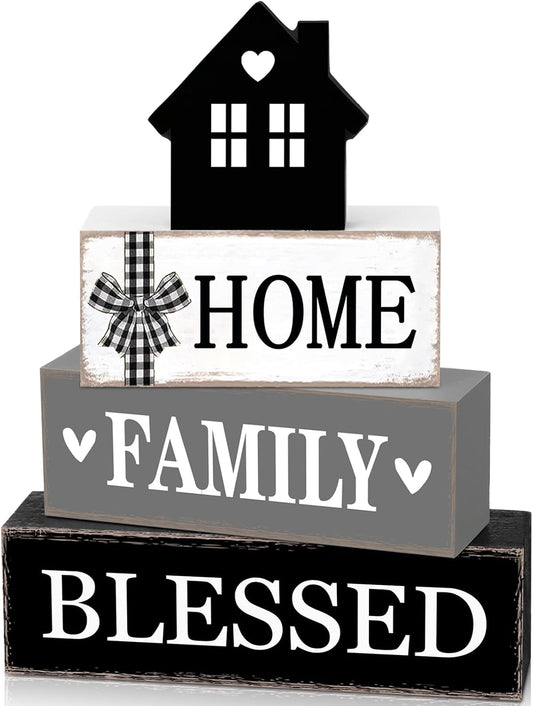 Rustic Farmhouse Table Decor Blessed Signs for Home Decor Neutral Home Family Wood Sign Black and White Modern Tabletop