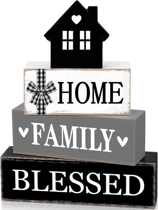 Cinnvoice 4 Pcs Farmhouse Table Decoration Rustic Sign Block,Blessed