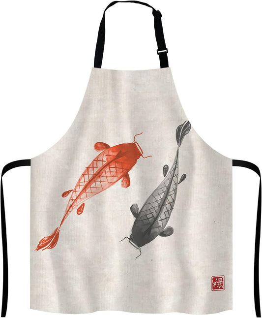 Red and black hand drawn with ink in traditional Japanese Adjustable Bib Apron Kitchen Cooking Baking Gardening Apron for