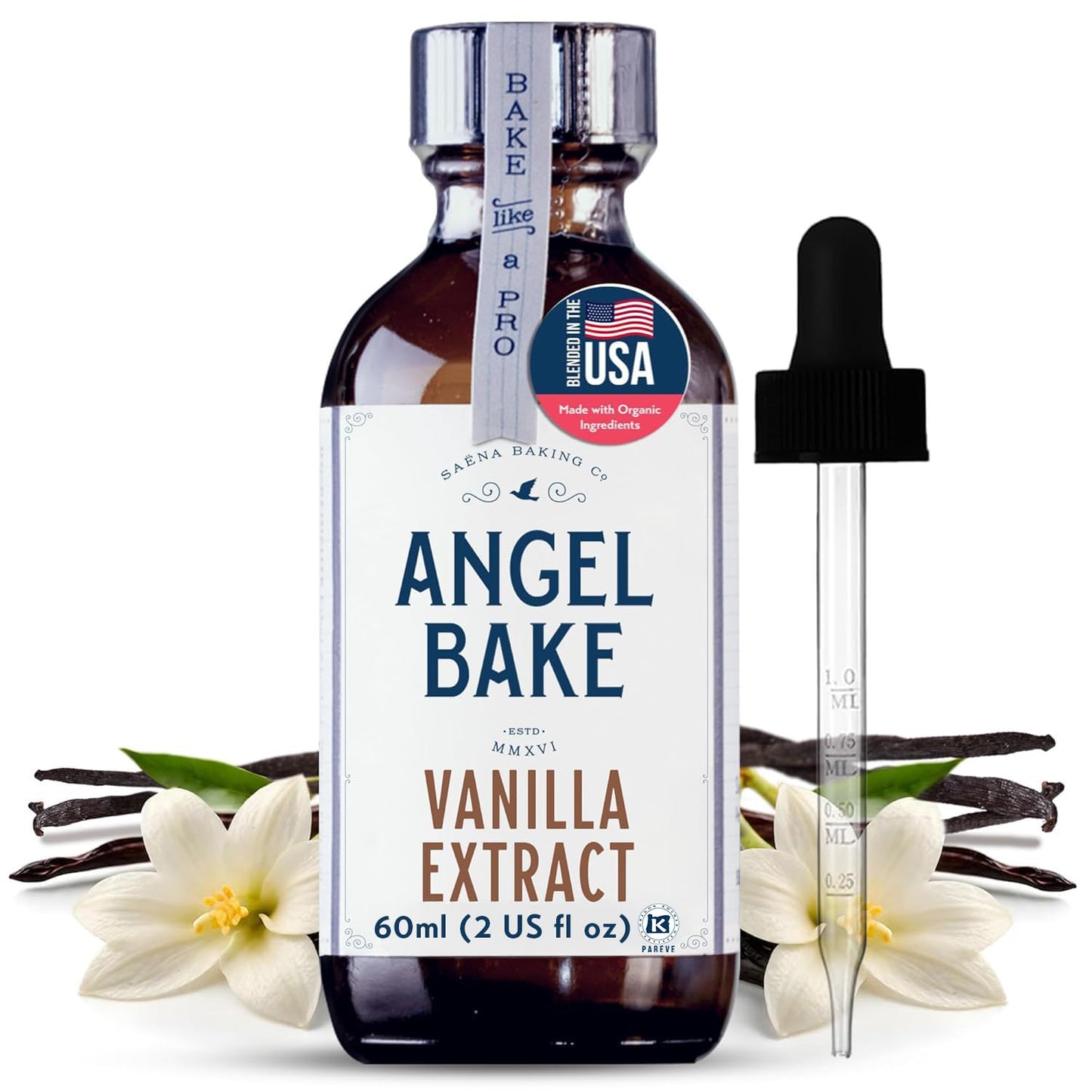 Angel Bake Pure Madagascar Vanilla Extract, 2 oz | Water soluble, food safe culinary flavoring for baking, coffee, custards, ice cream and candy; vegan, gluten free