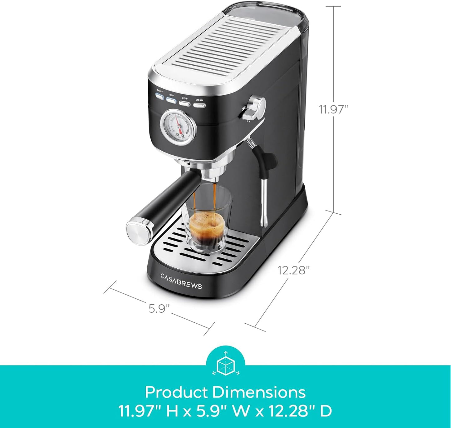 CASABREWS CM5418 Espresso Machine, Espresso Coffee Maker with Steam Wand | Stainless Steel, 20-Bar Pump, Built-in Pressure Gauge, Powerful Steam Wand for Cappuccino Latte for Home, 34oz Water Tank