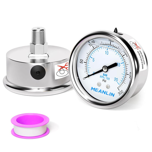MEANLIN MEASURE 0~300Psi Liquid Filled Pressure Gauge Stainless Steel with 316 Stainless Steel Joint 1/4" NPT 2.5" FACE DIAL