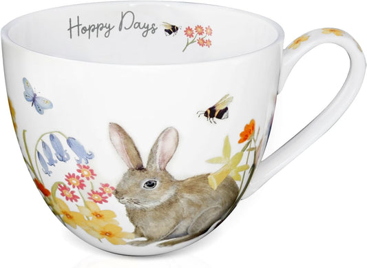 20 oz Rabbit Coffee Hug Mug, Spring Flowers & "Happy Days" Slogan, Premium Bone China Cute Bunny Mug, Perfect Holiday and