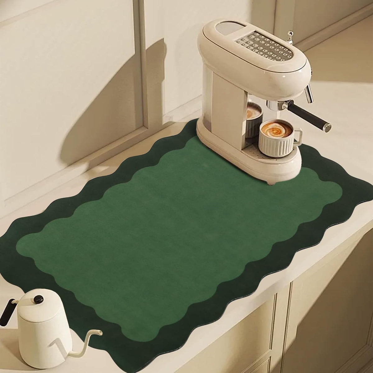 Scalloped Coffee Bar Mat for Countertop, Cute Dish Drying Mats for Kitchen Counter, Diatomite Absorbent, Kitchen Aesthetic Decor (12"x19", Green)