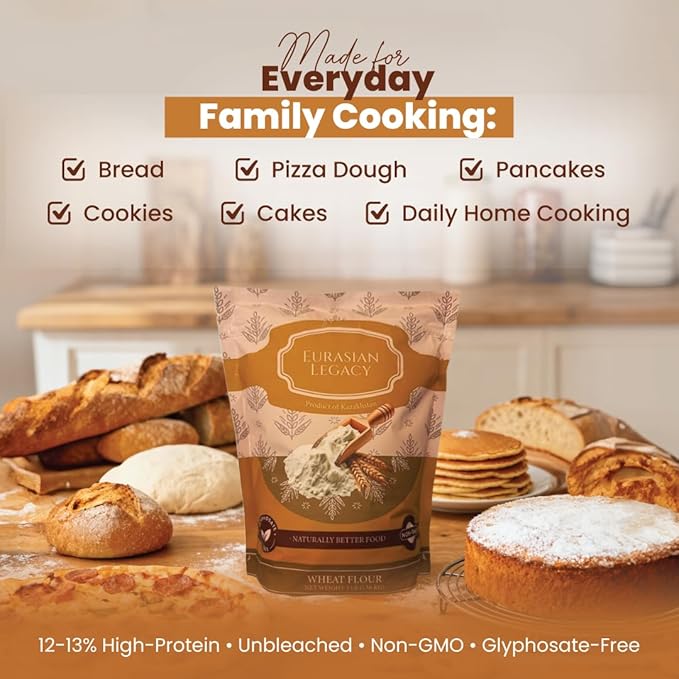 Eurasian Legacy Non-GMO, Unbleached, Glyphosate-Free, High-Protein Wheat Flour, Perfect for Bread & Baking, 3 lb
