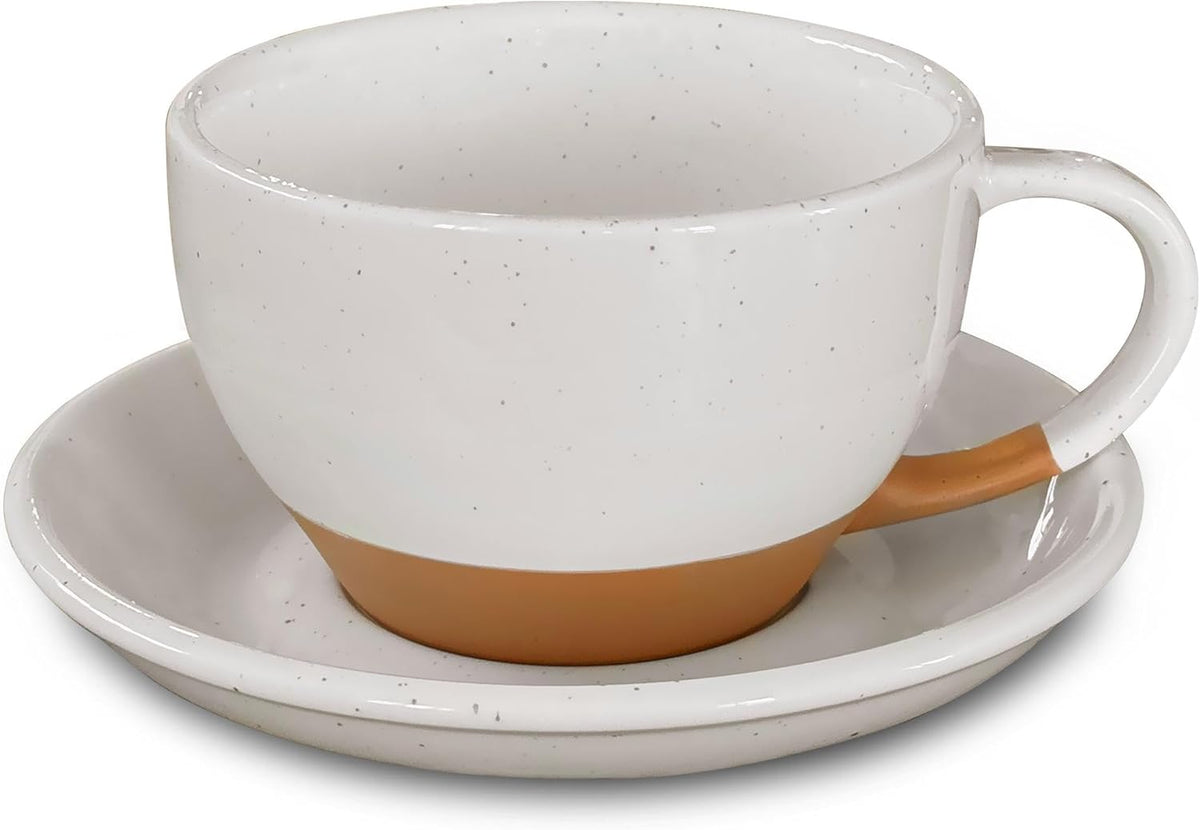 Mora Ceramic Latte Art Mug With Saucer - 10.5 oz, Round Bottom For Perfect Pours - Cafe Cups for Cappuccino, Espresso, Coffee, Tea etc - Porcelain Set for Baristas, Great Gift - Vanilla White