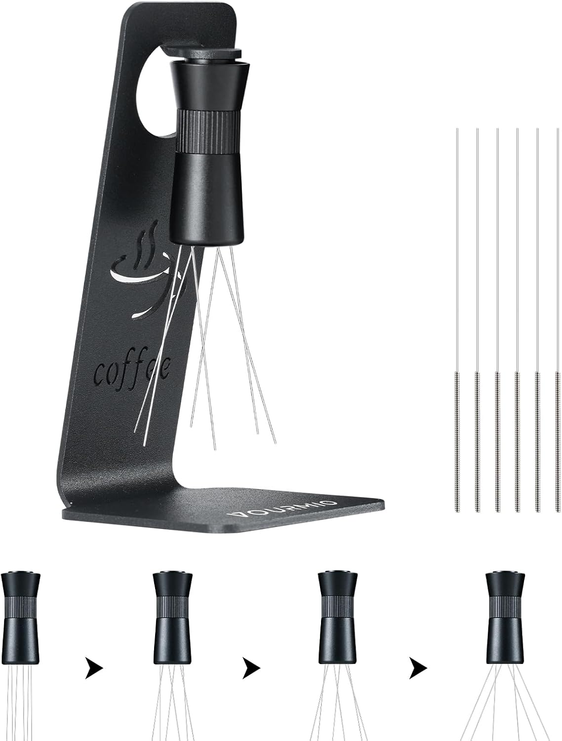 WDT Tool - Coffee Distribution Tool with Magnetic Stand, Adjustable Range Espresso Stirrer, 304 Stainless Steel 6 Needles 0.4mm and 6 Extra Needles 0.25mm