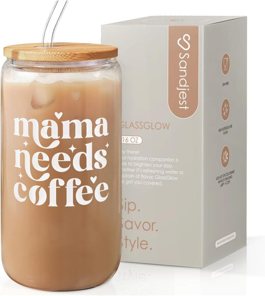 SANDJEST Mom Glass Can, Mama Needs Coffee Cup with Lid & Straw, Iced Coffee Aesthetic Cups, Idea Gifts for Christmas