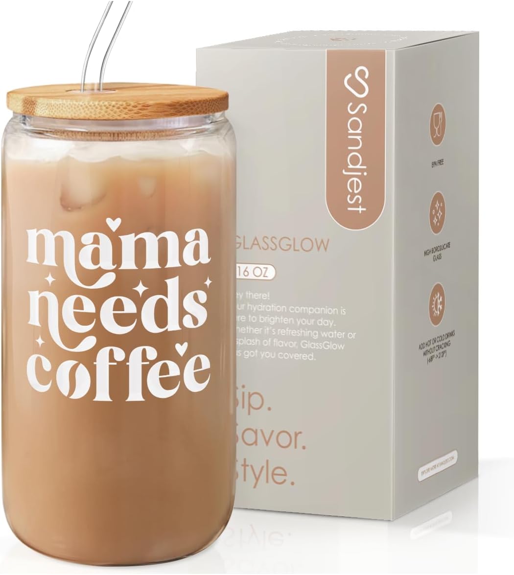 Mom Glass Can, Mama Needs Coffee Cup with Lid &amp; Straw, Iced Coffee Aesthetic Cups, Idea Gifts for Christmas Birthday Mother Day, Gifts for Women, 16oz