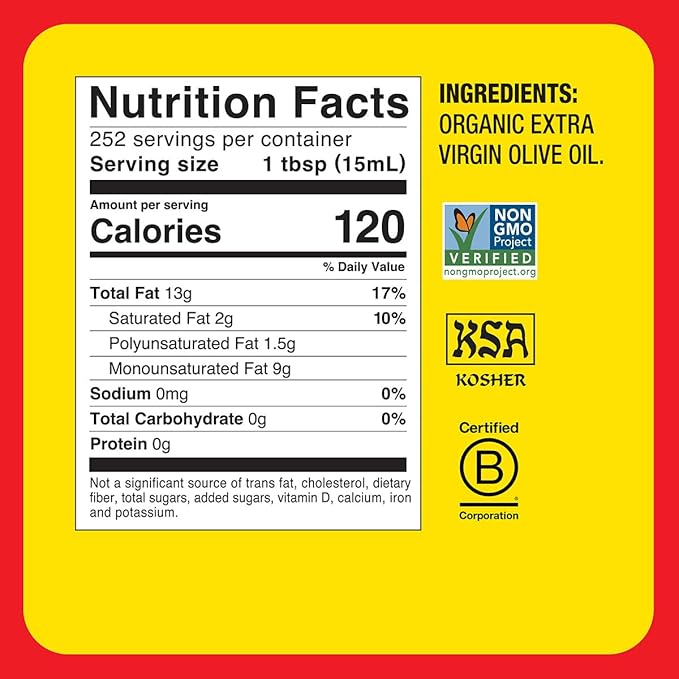 Bragg Organic Extra Virgin Olive Oil – Made with Greek Koroneiki Olives – Cold Pressed EVOO for Marinades & Vinaigrettes – USDA Certified, Non-GMO, Kosher (128 fluid Ounce)