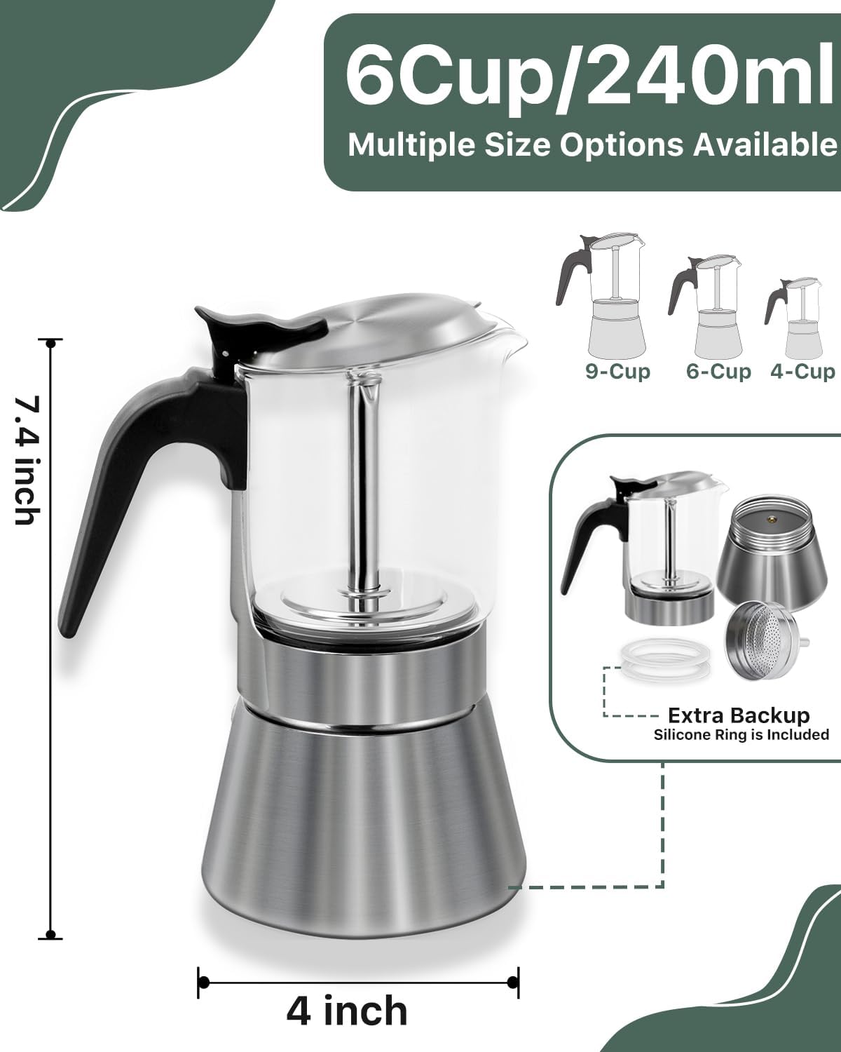 Grasseed Crystal Glass-Top Moka Pot, Polished Stainless Steel Stovetop Espresso Maker for Italian Coffee, Gift for Coffee Lovers - 6 Cup/240ml/8.4oz