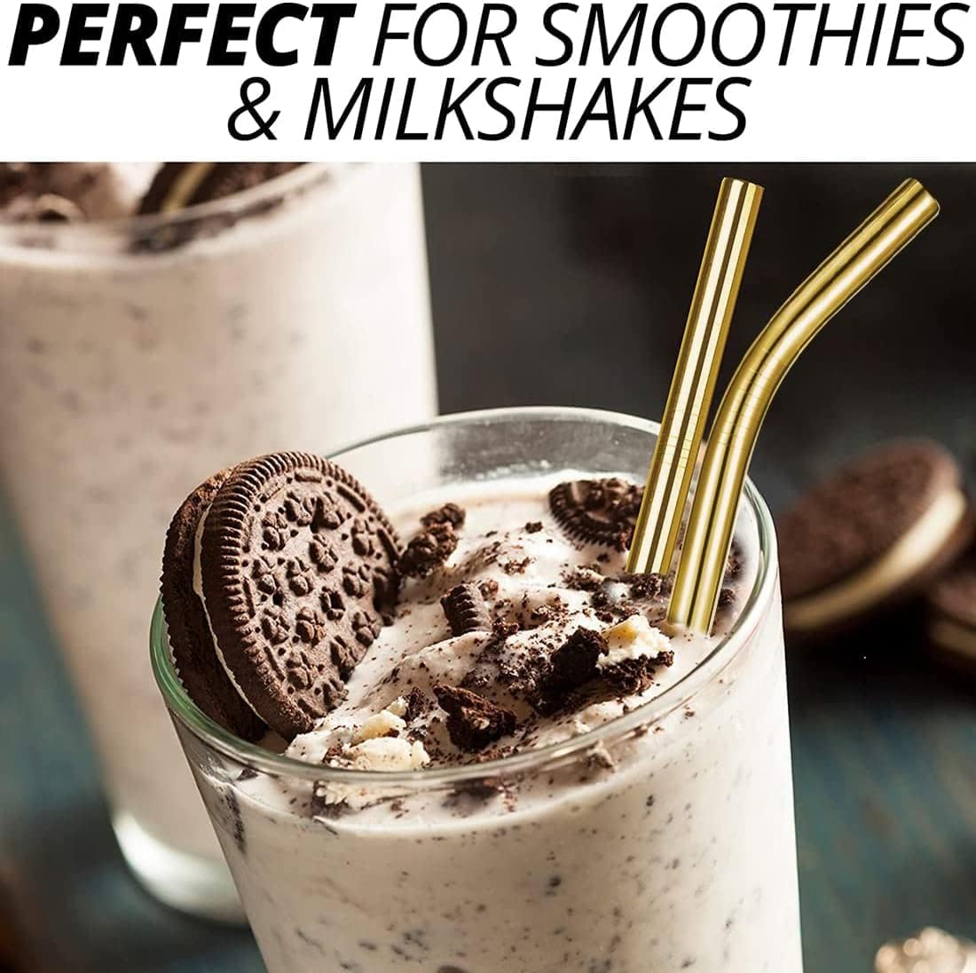 Vinaco 6 Pack Gold 0.4" Wide Bore Reusable Stainless Steel Smoothie Straws