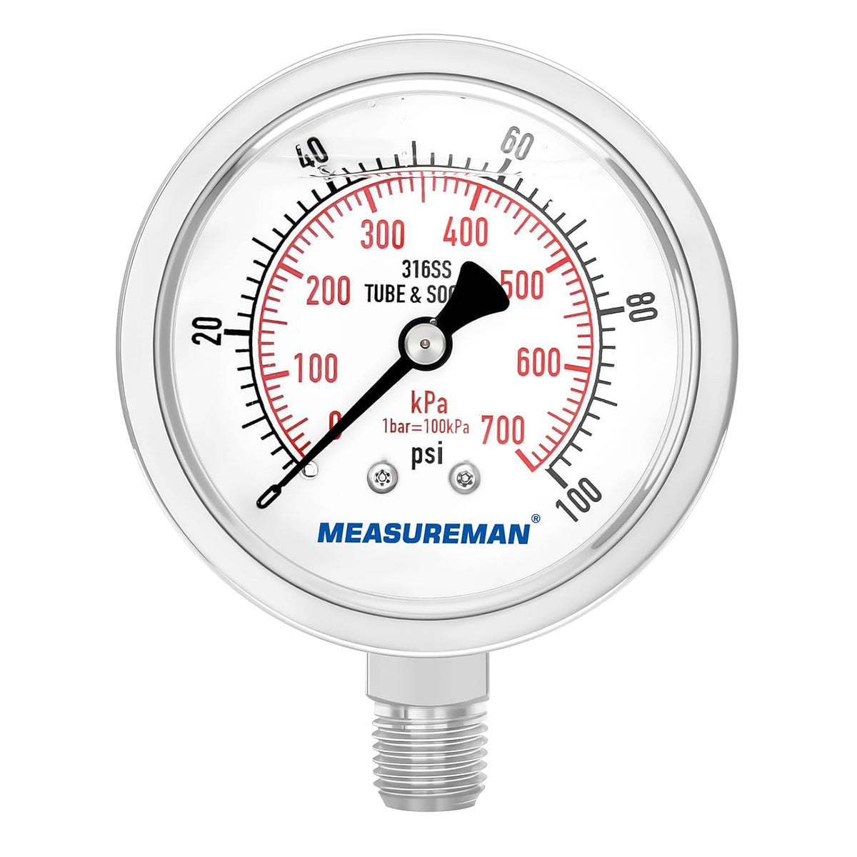 MEASUREMAN Pressure Gauge 1/4 NPT, 0-100psi/kPa Fully Stainless Steel Hydraulic Glycerin Filled Pressure Gauge with 2.5 Inch Dial Size (0-100 psi, Lower Mount - 100% Stainless Steel)