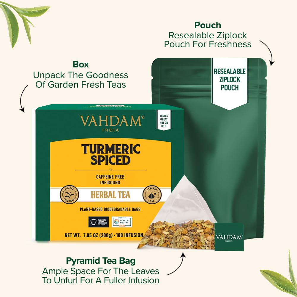 VAHDAM Turmeric Ginger Cinnamon Tea Bags with Black Pepper (100 Count) | Pleasant Spice, Warm &amp; Non Bitter |High Curcumin for Daily Wellness |Non GMO |Curcuma with Black Pepper for Better Absorption