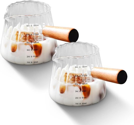 YARRAMATE 2 Pack 6 oz/180ML Glass Measuring Cup with Wooden Handle – Espresso Shot Cups, Ribbed Milk Frothing Pitcher, Dual