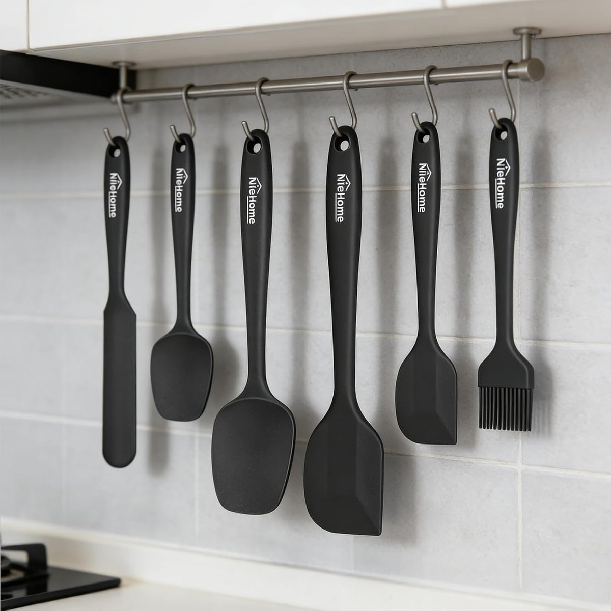 NileHome 6 Pieces Silicone Spatula Set with Silicone Brush,Mixing-Black | Food-Grade Material,Heat Resistant Up to 600°F,Dishwasher Safe,BPA-Free