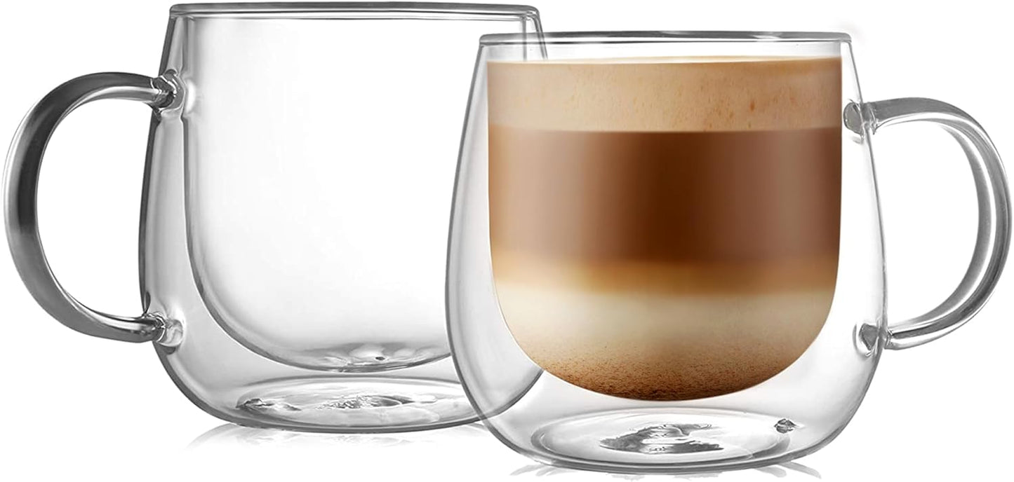 CNGLASS 16oz Double Walled Glass Coffee Mugs(2-pack),Large Clear Coffee Cups with Handle,Glass Espre