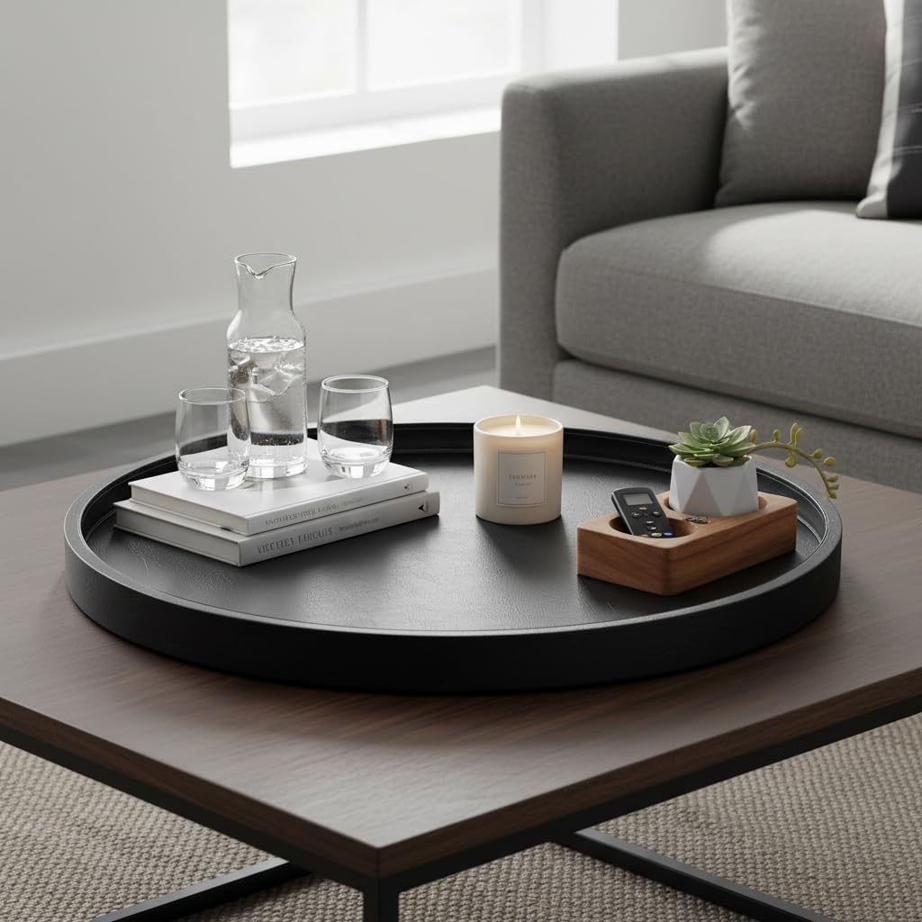 30x30 Inch Round Ottoman Tray - Faux Leather Large Serving Tray for Couch/Coffee Table, Family Dinner, Picnic, Party Decor (30 inch Black)
