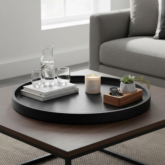 30x30 Inch Round Ottoman Tray - Faux Leather Large Serving Tray for Couch/Coffee Table, Family Dinner, Picnic, Party Decor (30 inch Black)