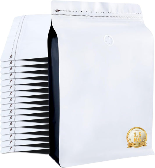 New 1.5 KG Large Capacity Coffee Bags with Valve (50 PCS) White Sides Black High Barrier Aluminum Foil Flat Bottom Standing