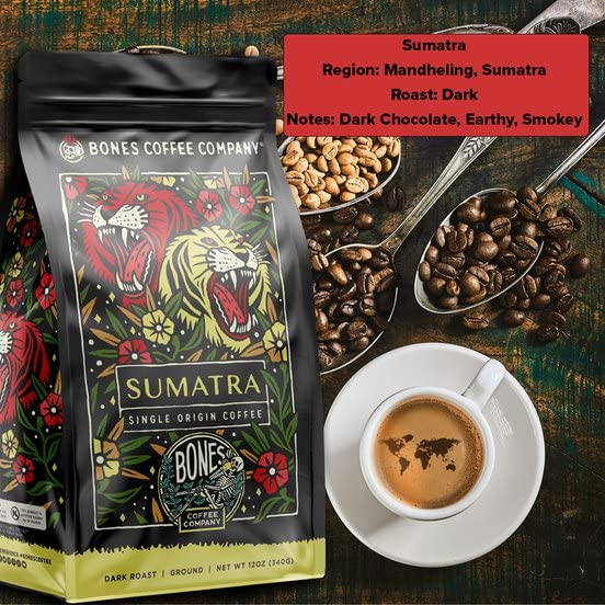 Bones Coffee Company Sumatra Single-Origin, Dark Chocolate, Smoky Earthy Notes, Whole Coffee Beans, Low Acid Darl Roast Arabica Beans Flavored Coffee, 12 oz Whole Bean