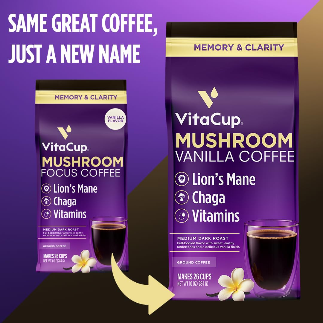 VitaCup Vanilla Flavored Mushroom Ground Coffee, 20oz, 2 Bags | 100% Arabica, Medium Dark Roast, Dark Roast, Boost Focus, Immunity, Memory &amp; Clarity, B Vitamins, D3, Chaga, Coffee Grounds,