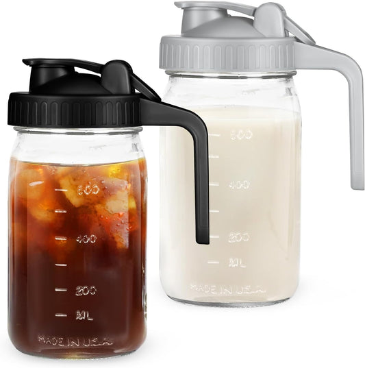 Breast Milk Pitcher Mason Jar - 2Pack Easy Pouring 32oz Airtight Glass Jar with Pour Spout Lid, Classic Wide Mouth Jug Easy