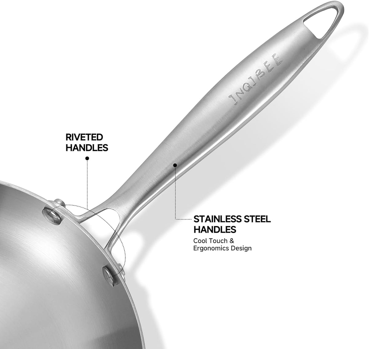 Inqibee 8”/9.5”/11” Stainless Steel Pans Set with Lid, Riveted Handle