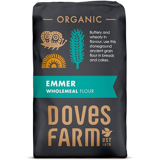Doves Farm Organic Emmer Wholemeal Flour | for Bread & Cake Baking | High in Fiber & Protein | Traditional British Stoneground Flour | Kosher & Vegan | Whole Wheat Flour | 35.27 Oz (1kg)